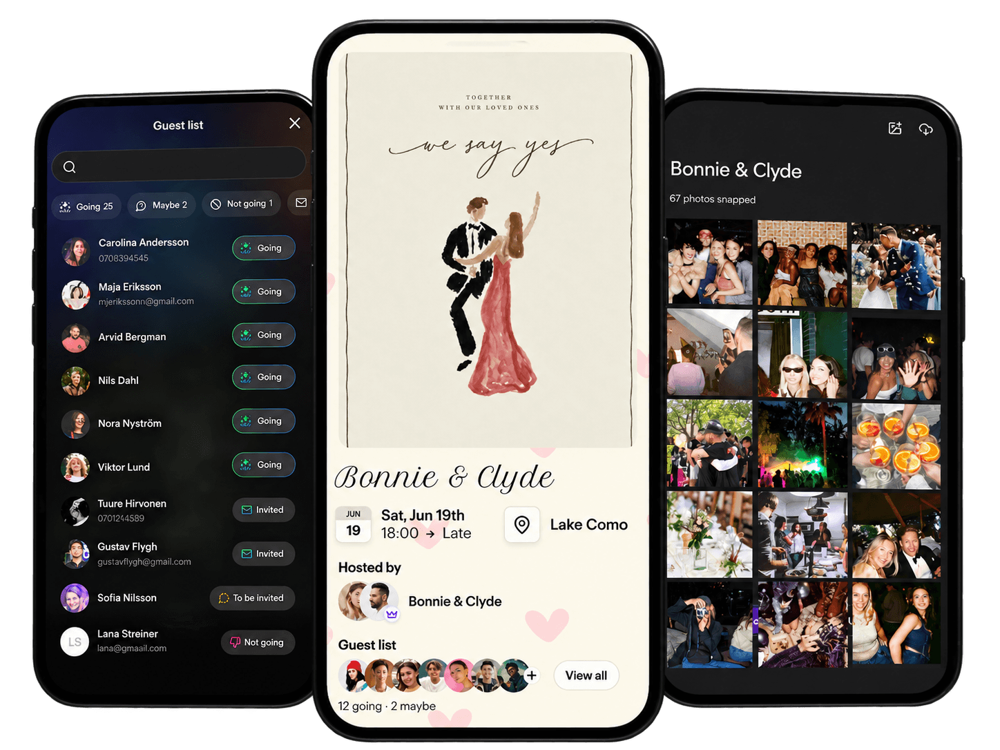 Venga on three phones: a wedding invitation, the guest list with RSVPs, and a shared photo gallery